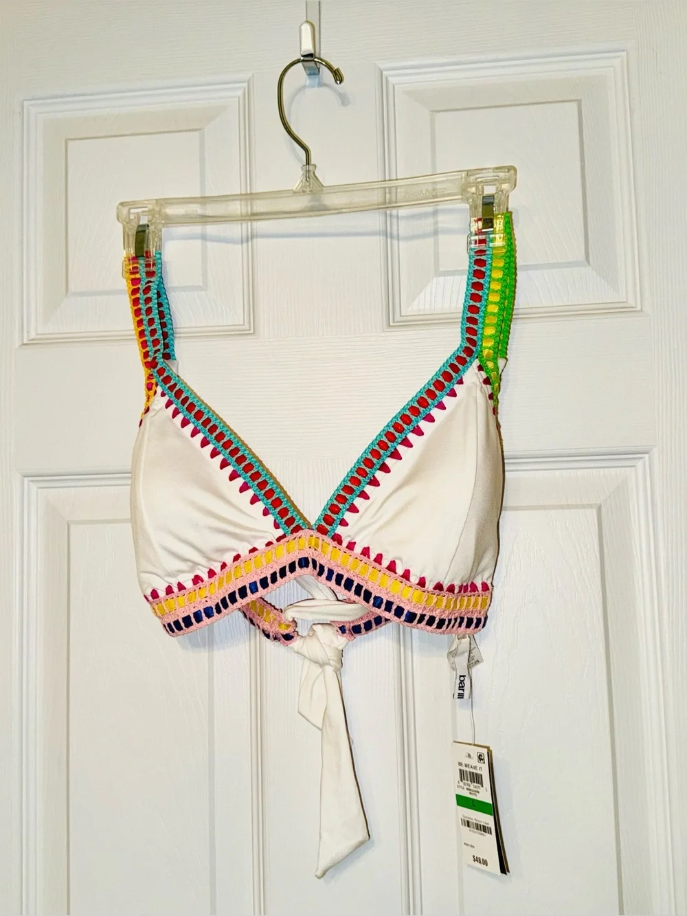 Bar III Be-Weave It NWT White Multicolor Crochet Trim 2-Piece Bikini Swimsuit L